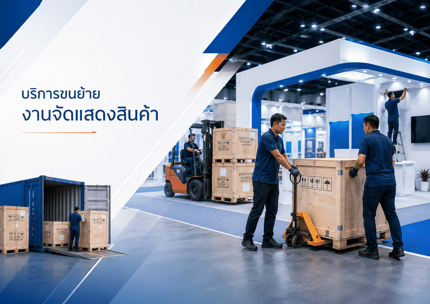 พนักงานขนย้ายลังสินค้าและอุปกรณ์จัดแสดงภายในศูนย์นิทรรศการ
