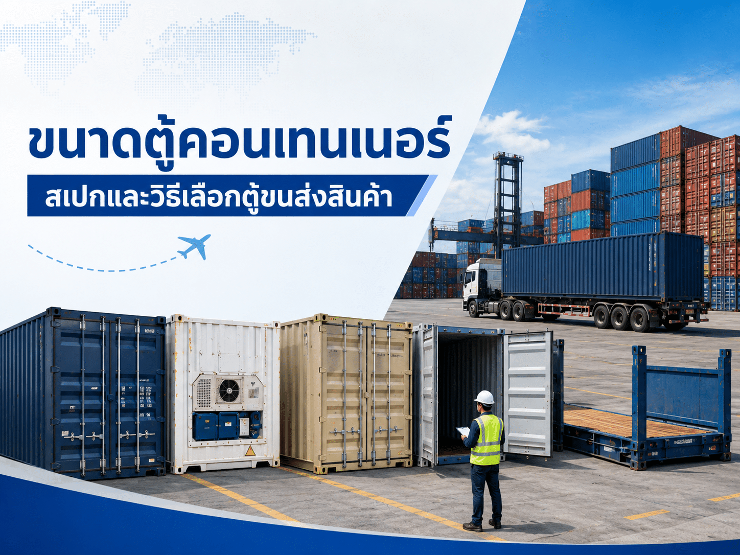 ภาพเปรียบเทียบตู้คอนเทนเนอร์หลายประเภทสำหรับการขนส่งสินค้า พร้อมตัวอย่างตู้แห้ง ตู้เย็น และตู้ Flat Rack