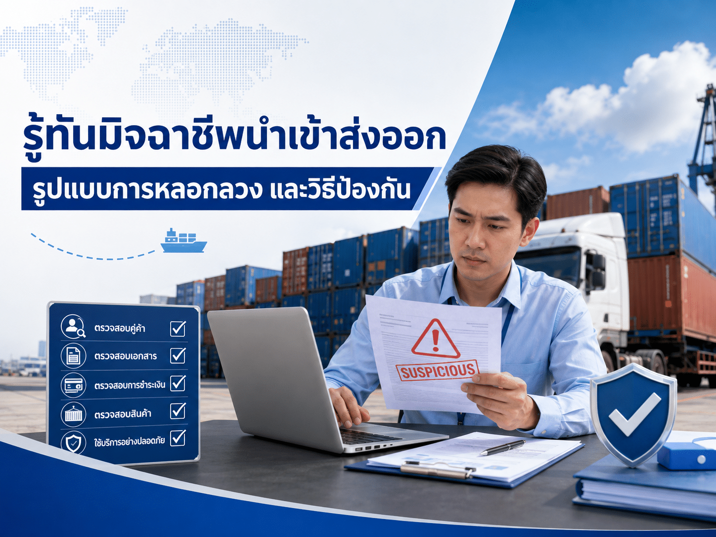 ภาพประกอบบทความเกี่ยวกับมิจฉาชีพนำเข้าส่งออก แสดงการตรวจสอบเอกสารและวิธีป้องกันการหลอกลวงในการขนส่งสินค้า